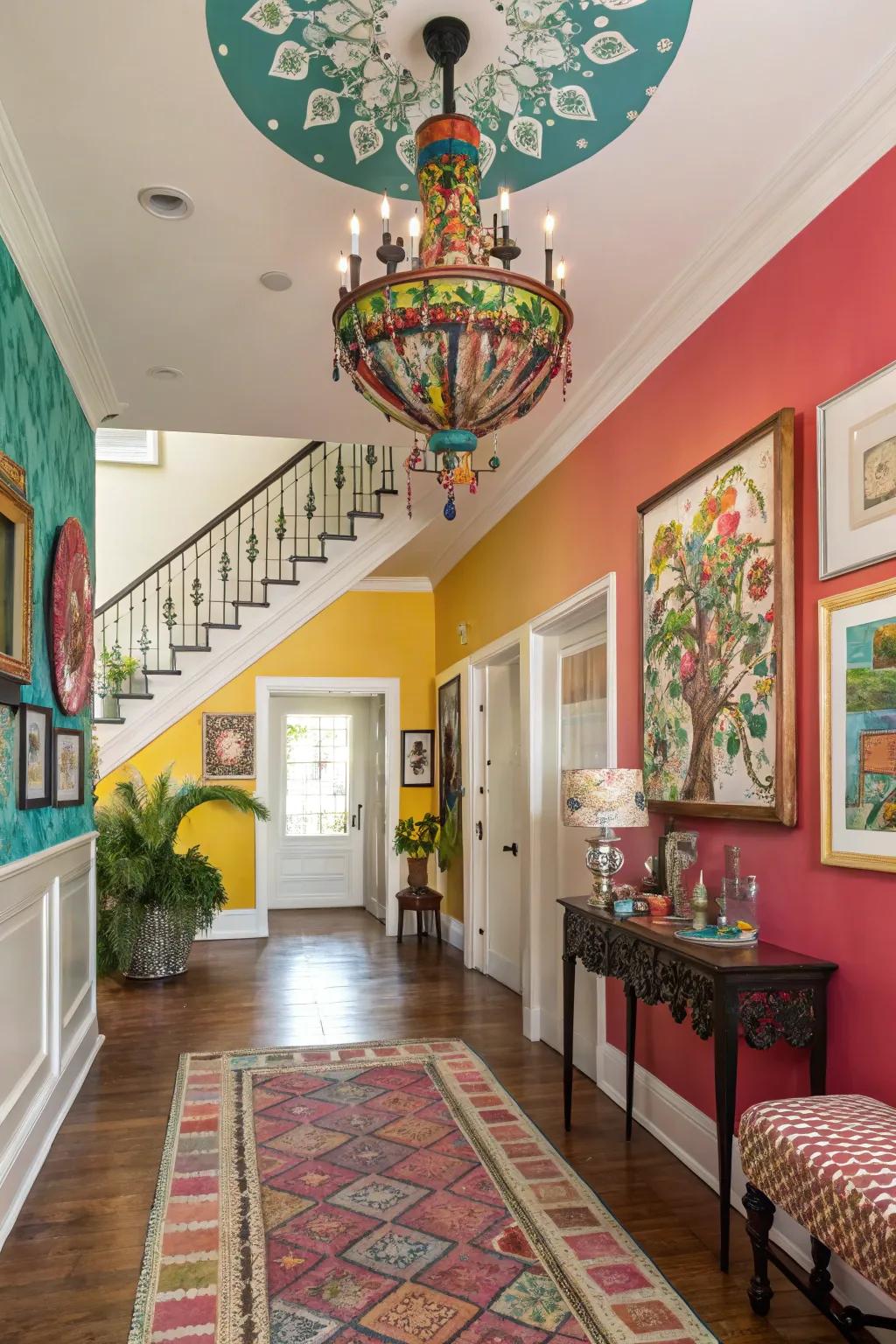 A painted chandelier injects a burst of color into this energetic entryway.