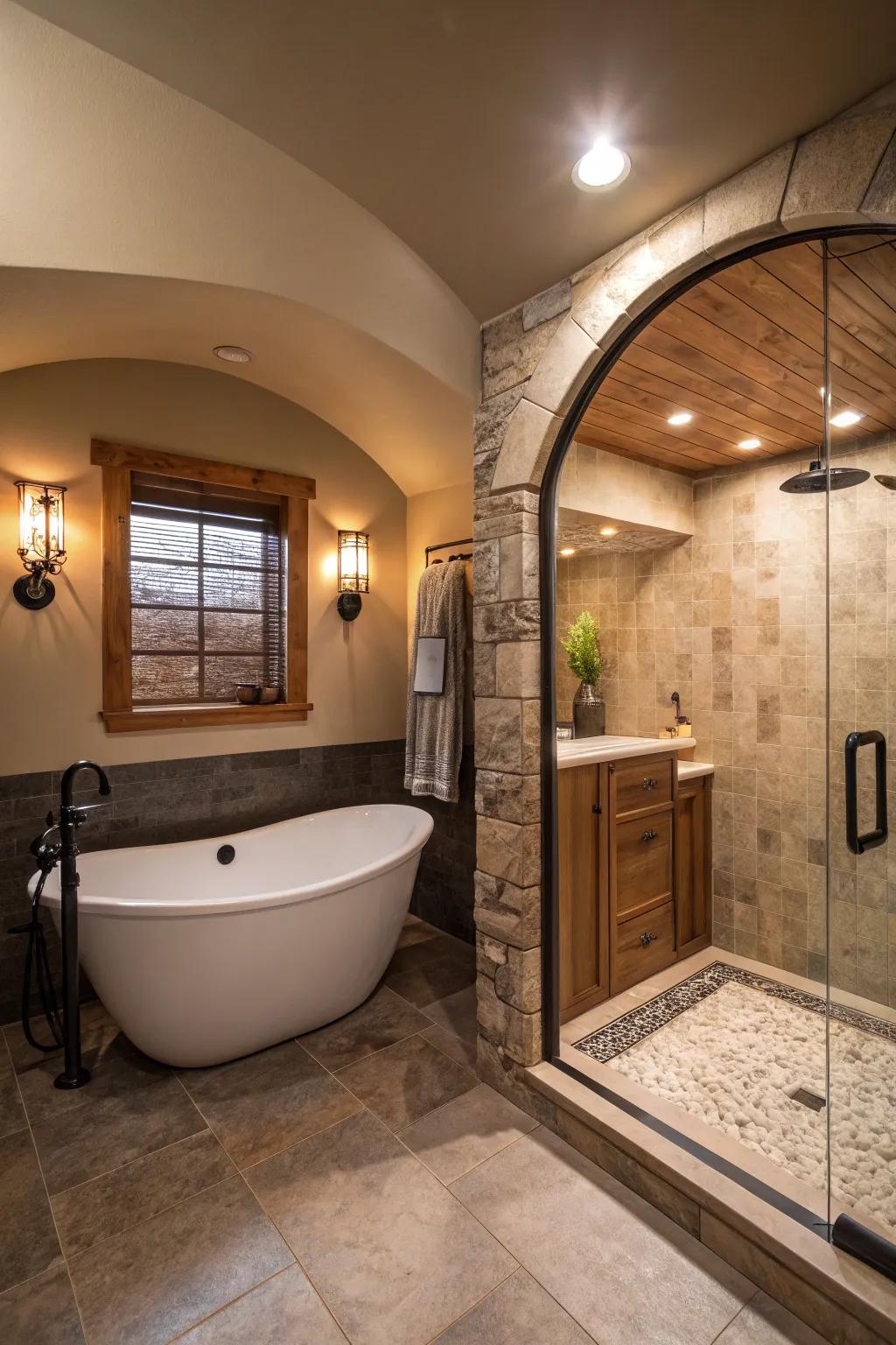 A recess design creating a cozy corner for a detached soaking tub and shower.