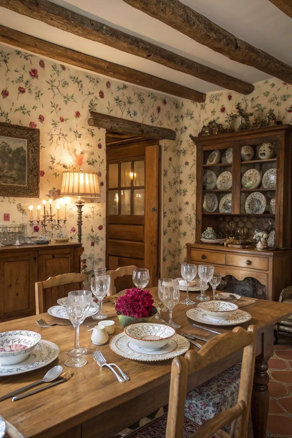 Decorative tableware adds personality and design to the dining space.
