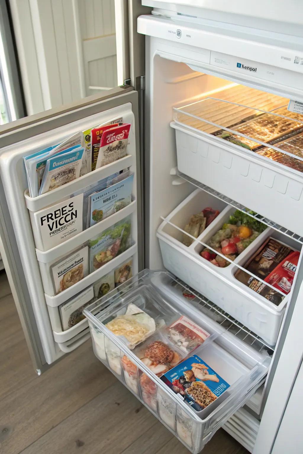 Magazine holders cleverly organize flat items in the freezer.