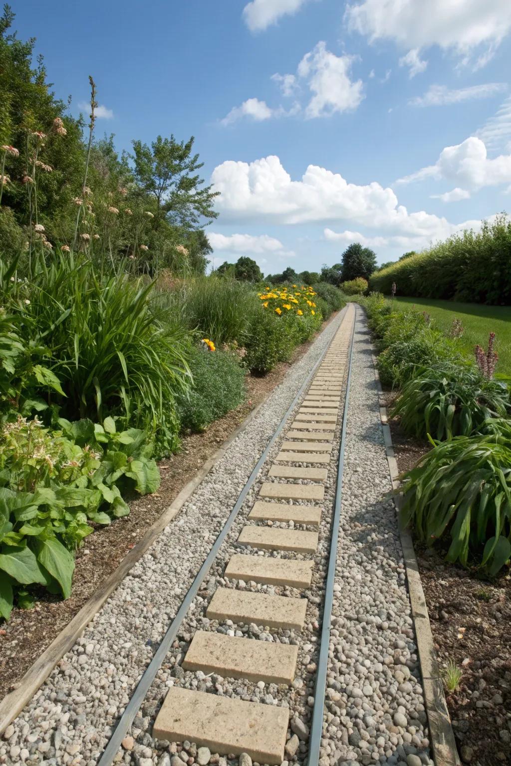 A permeable walkway with gravel and pavers, enhancing drainage efficiency.