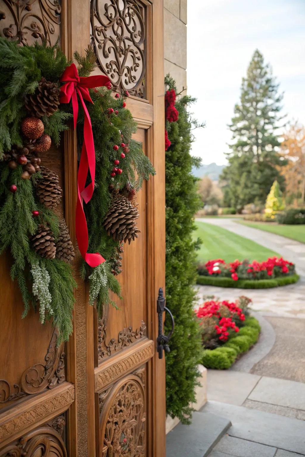 A lavish wreath imparts festive aptitude to the doorway.