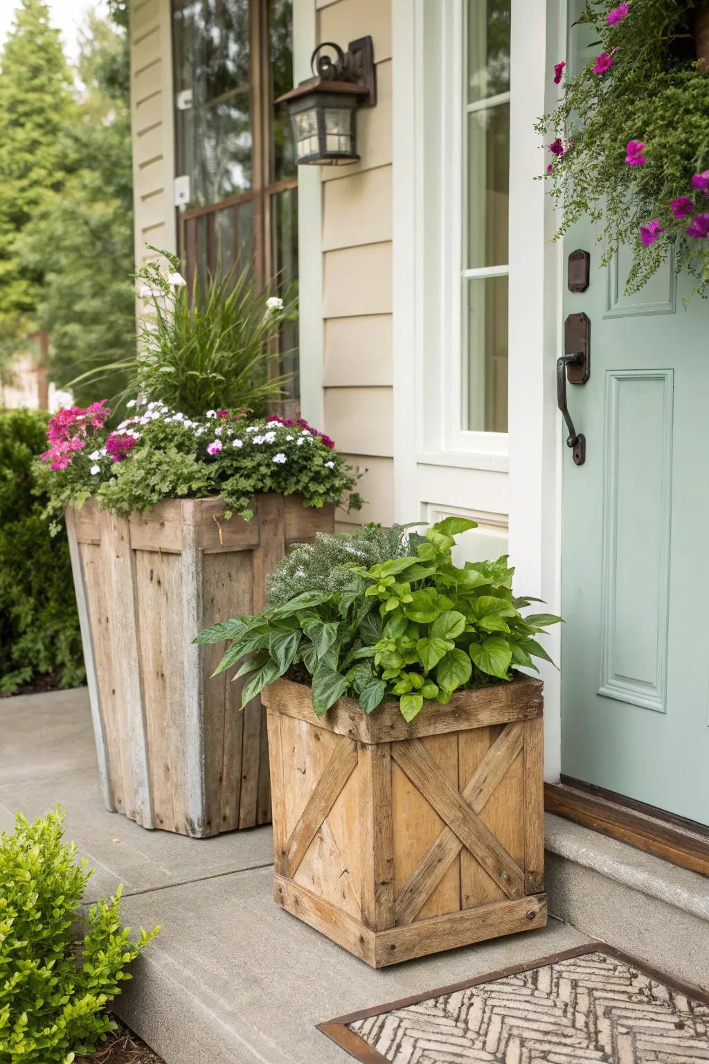 Infuse warmth with rustic wooden planters.