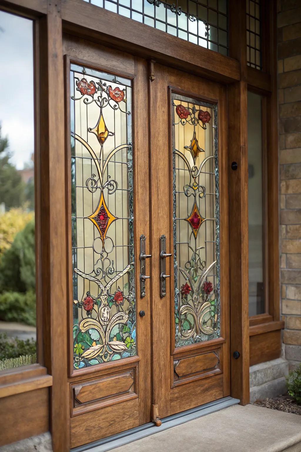 A great doorway with colored glass for privacy and art.