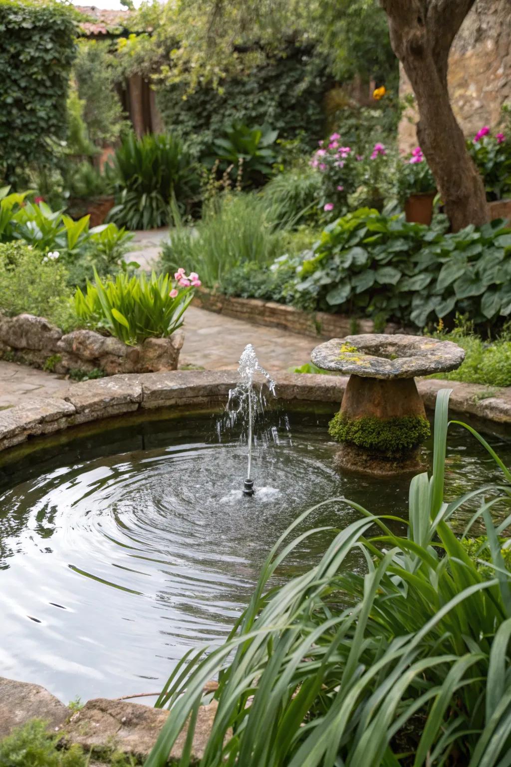 A tranquil garden pond with a bubbling fountain.
