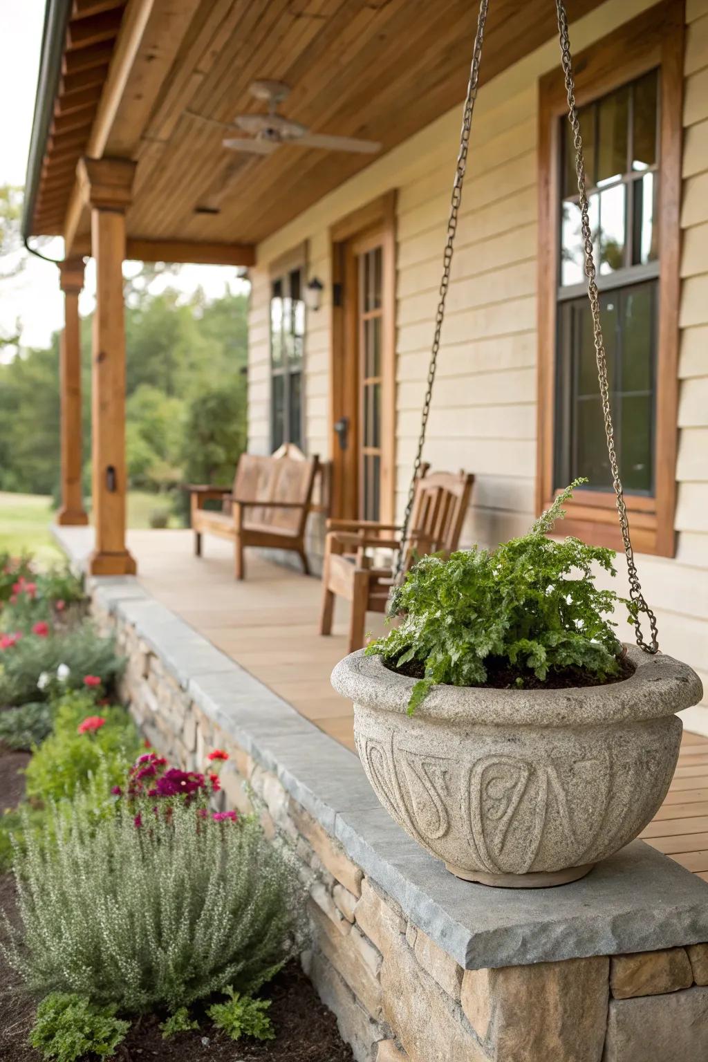 A front porch with wooden features and a stone pot.