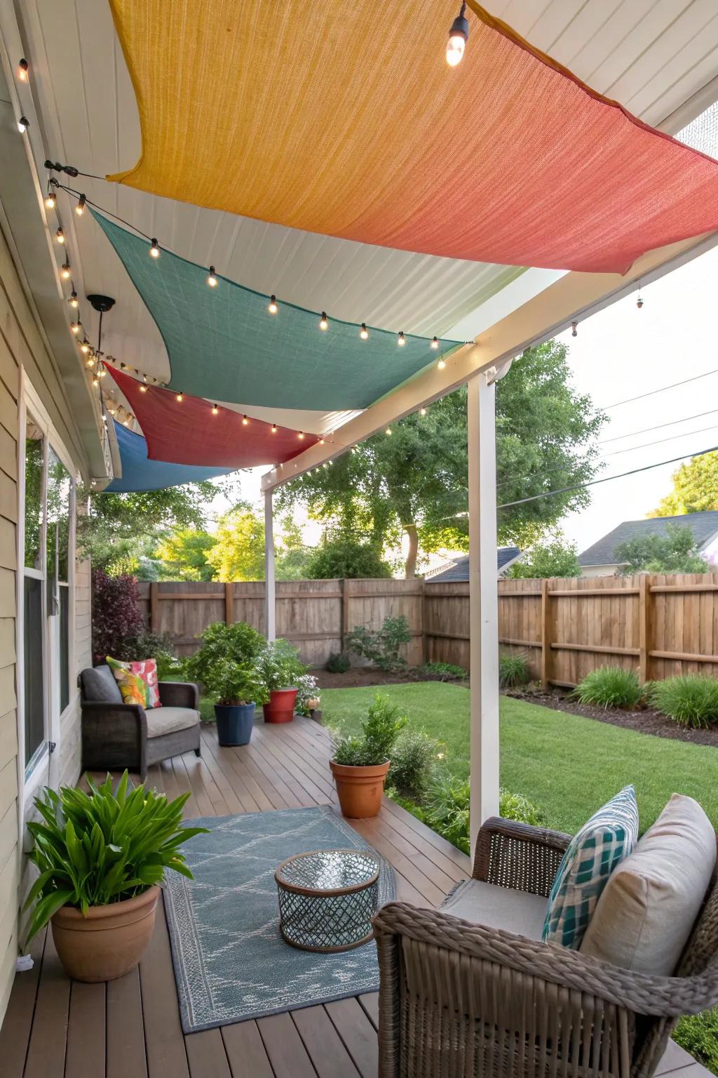 Shade canopies introduce color and solitude to a welcoming front porch.
