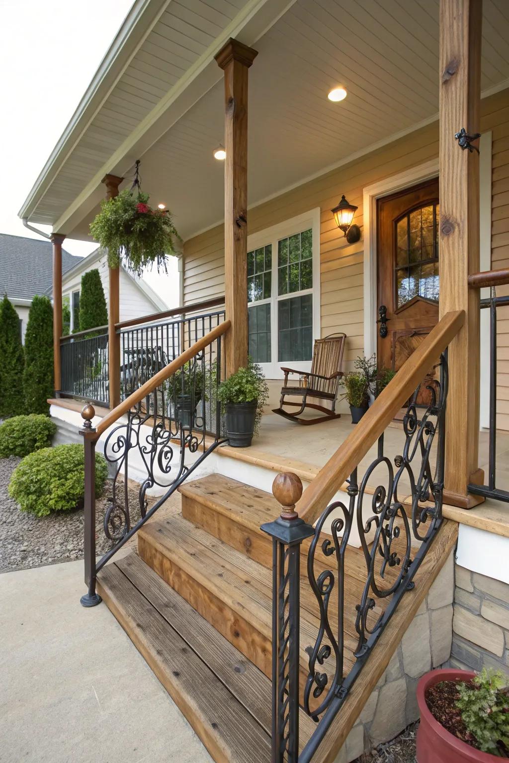 Metal railings blended with wooden elements for a unique style.