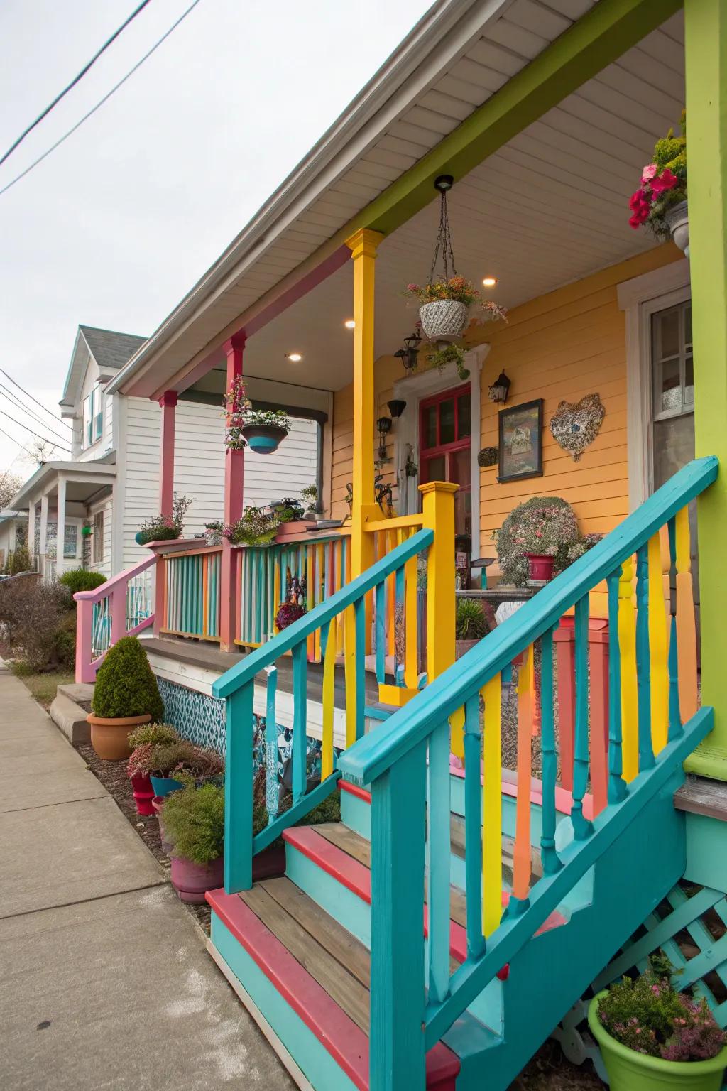 Vibrant banisters add a playful and welcoming touch.