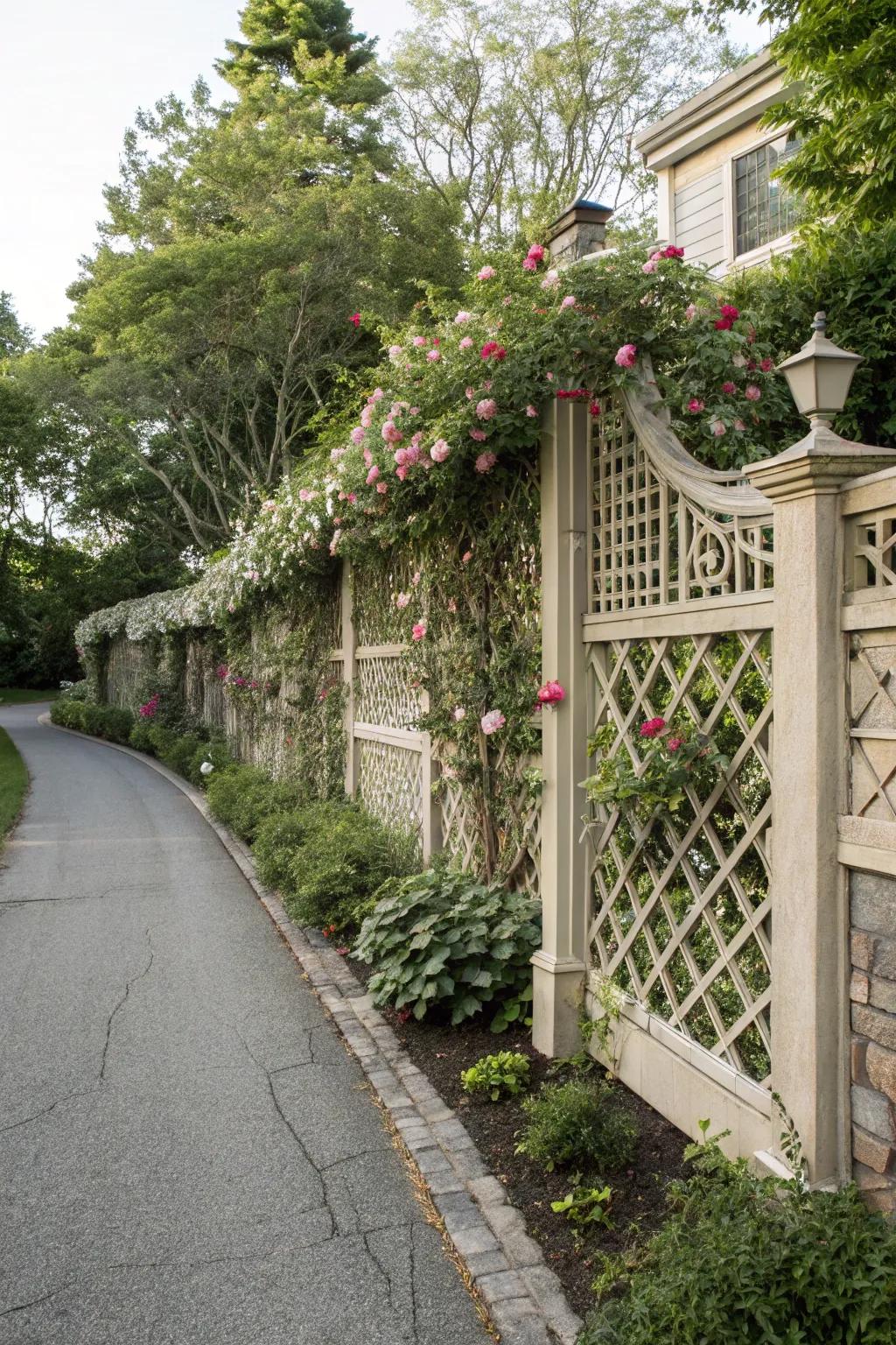 A decorative lattice fence supports vibrant climbing plants, enhancing curb appeal.