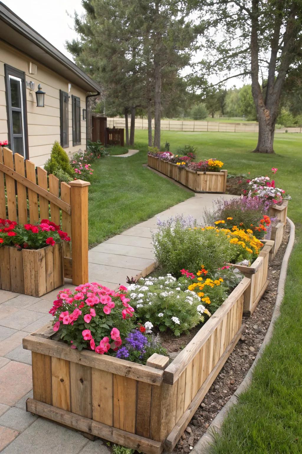 Rustic wooden accents infuse the flower beds with both charm and a natural aesthetic.