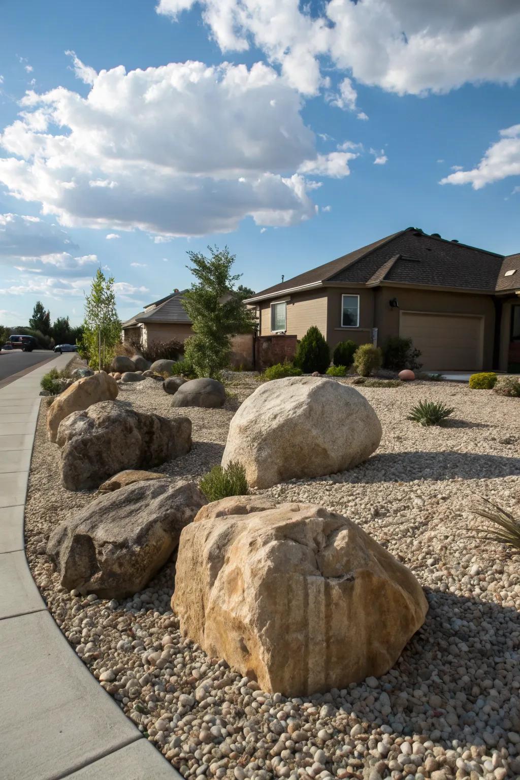 Expansive boulders amid gravel forge dramatic focal elements.