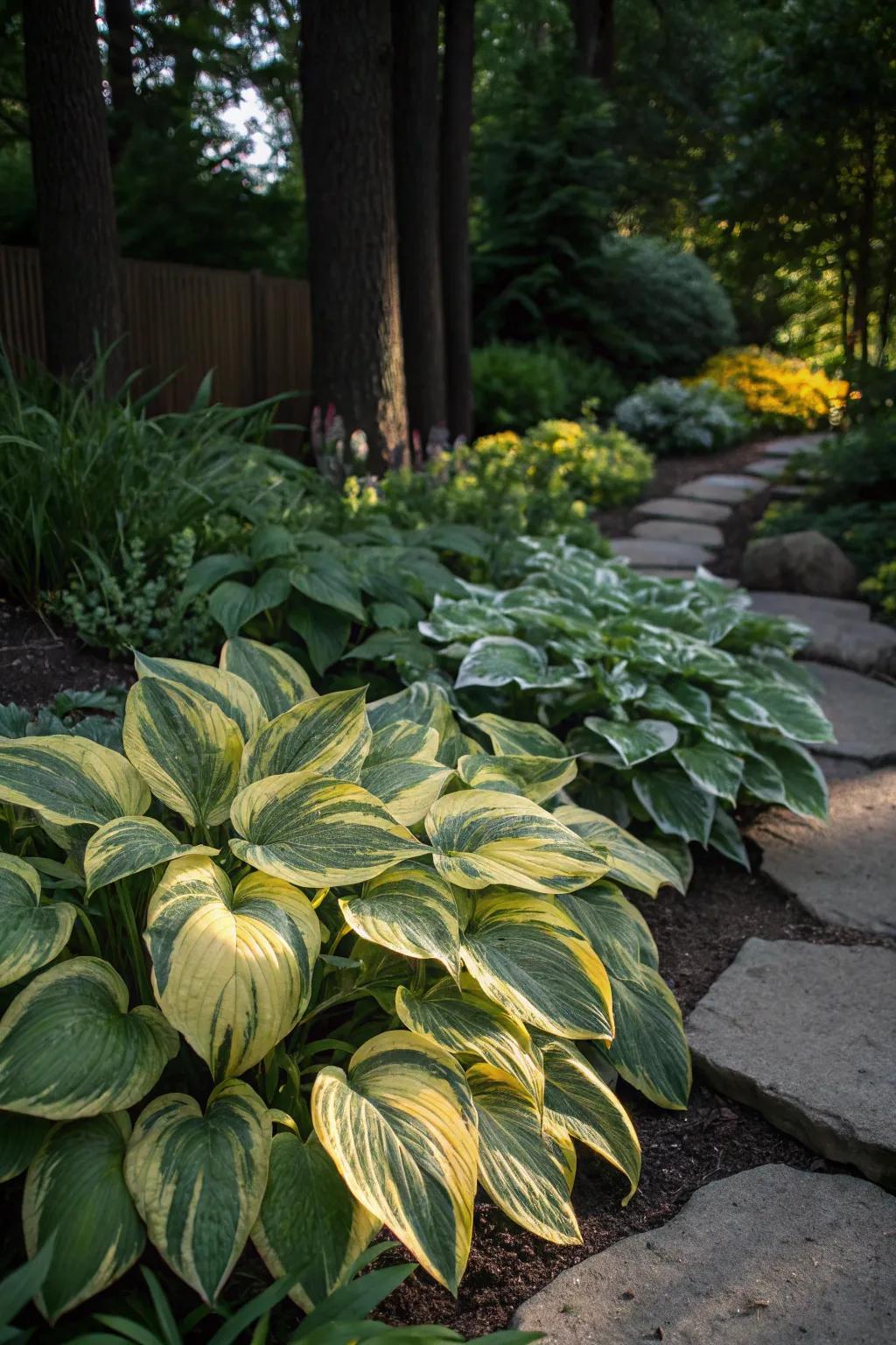Two-toned hostas lighten up shaded garden spots.