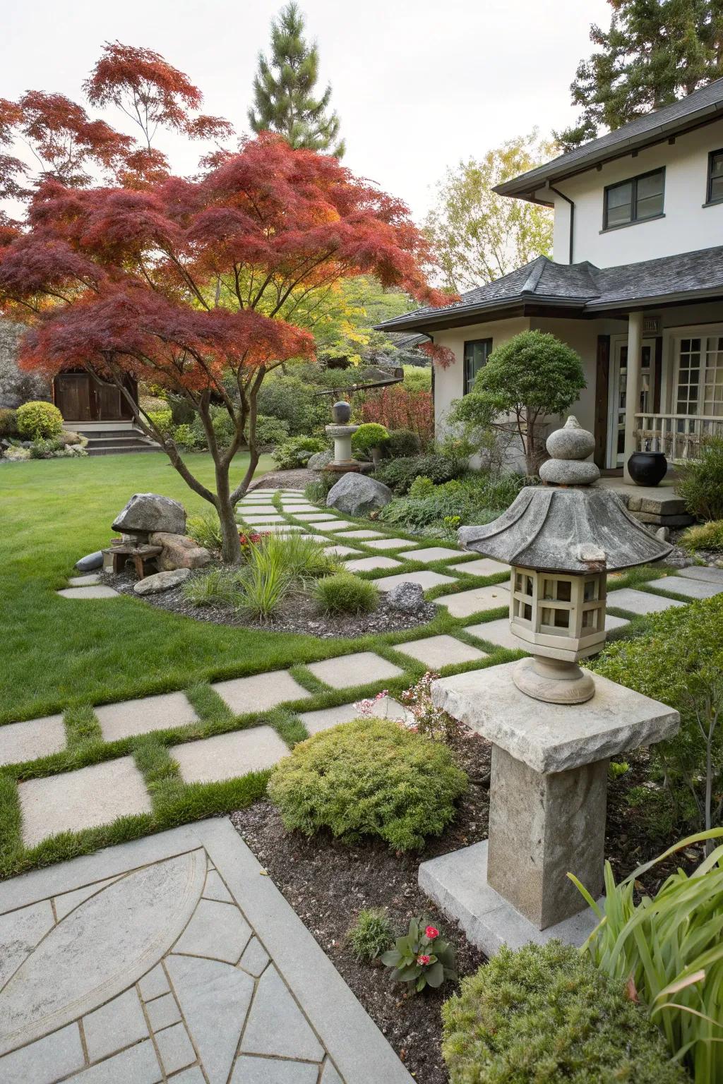Around the Japanese maple, a distinctive landscape is created by fusing contemporary and traditional styles.