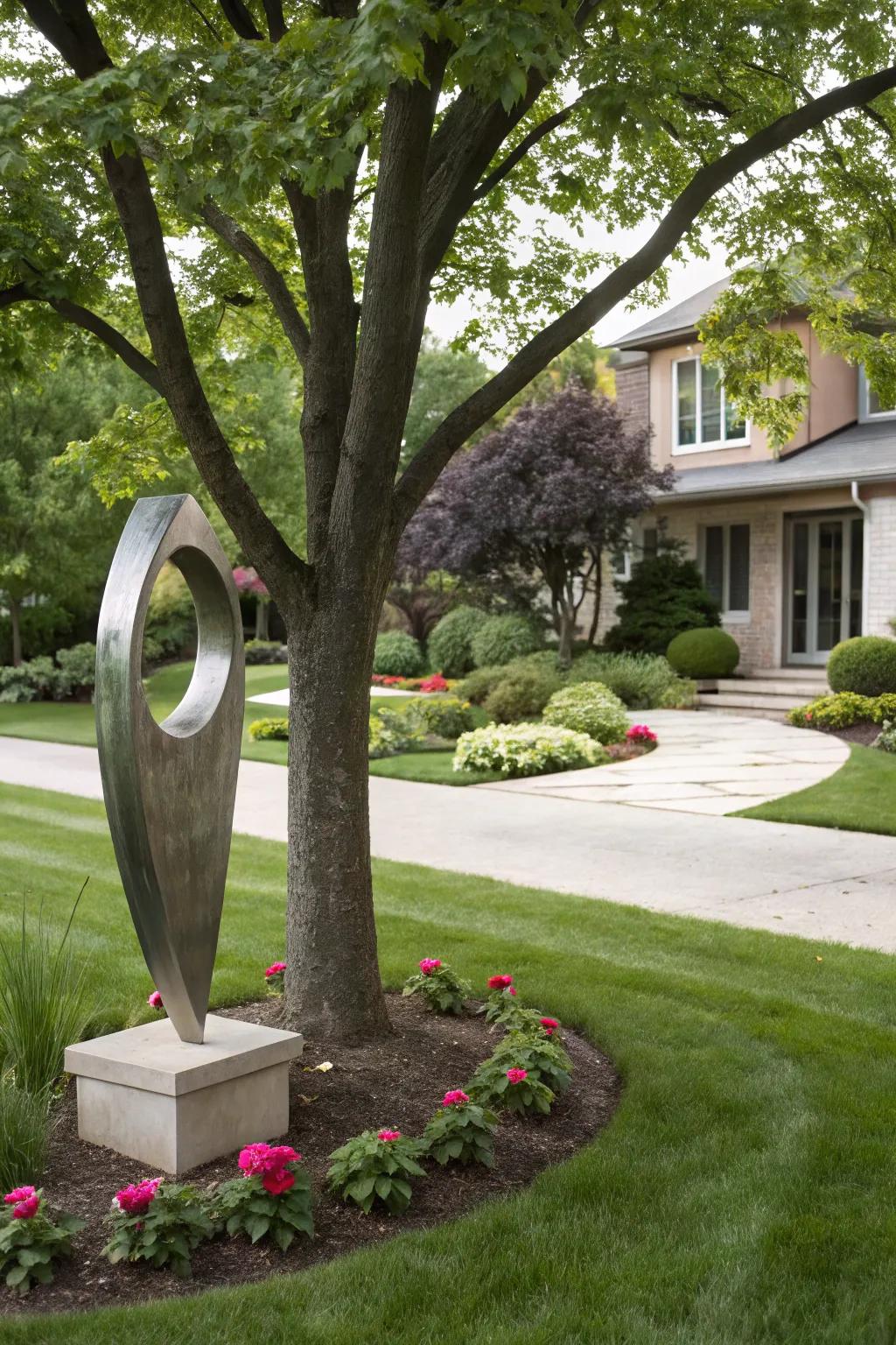 Artistic figurines contribute a distinctive and notable aspect to areas surrounding trees.