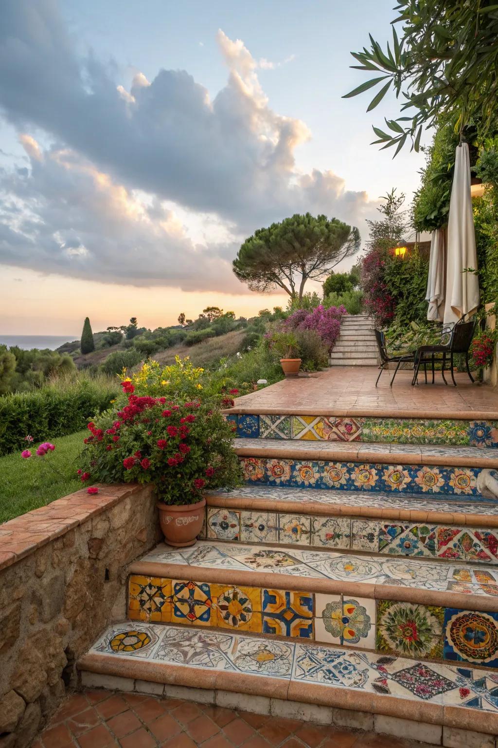 Detailed tiles infuse energetic color and artistic beauty into this front garden.