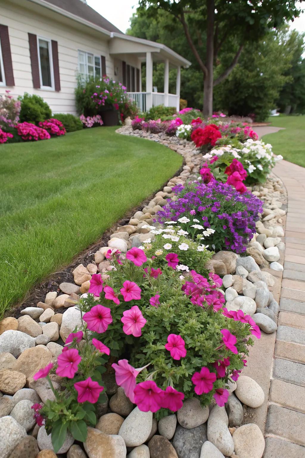 Exquisite botanical layout utilizing petunias and stones.