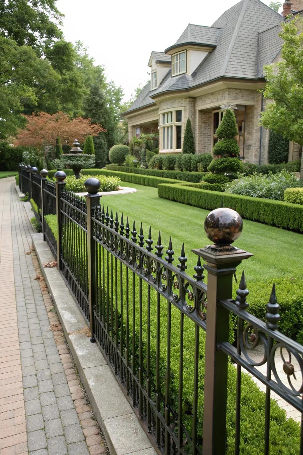 A metallic barrier with round accents adding sophistication to a front yard.