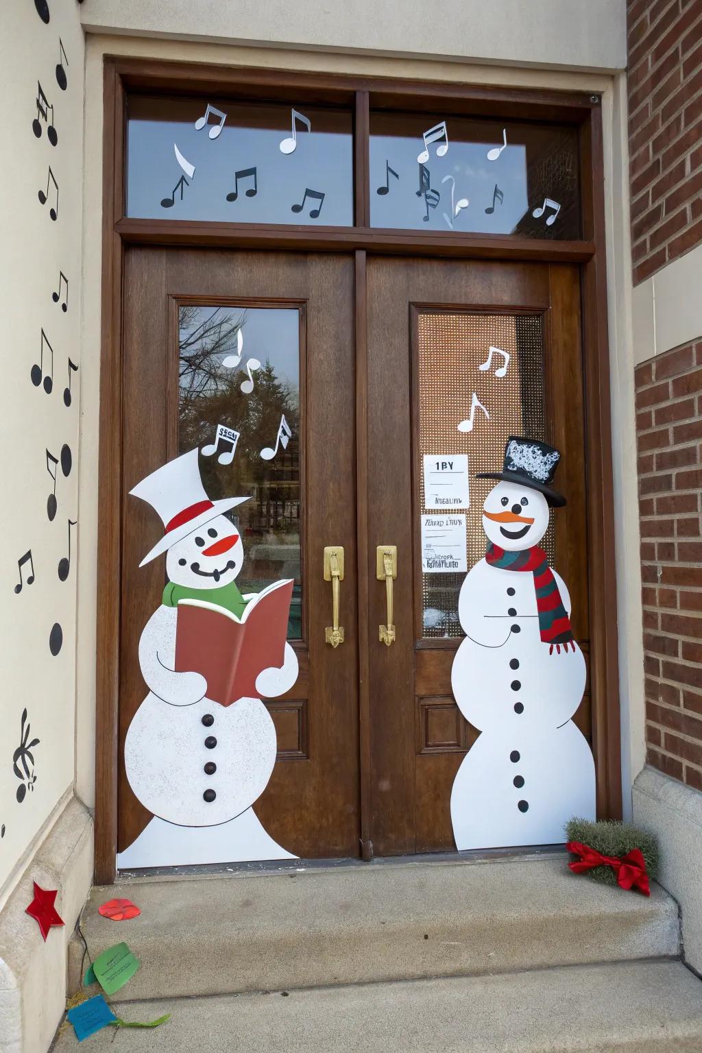 Caroling snow figures bring a musical and merry atmosphere to your holiday door.
