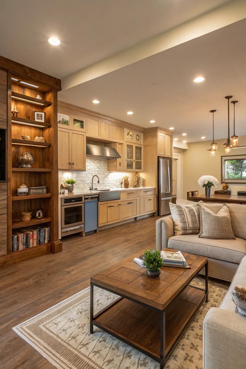 Matching color palettes tie the cooking and lounging areas together.