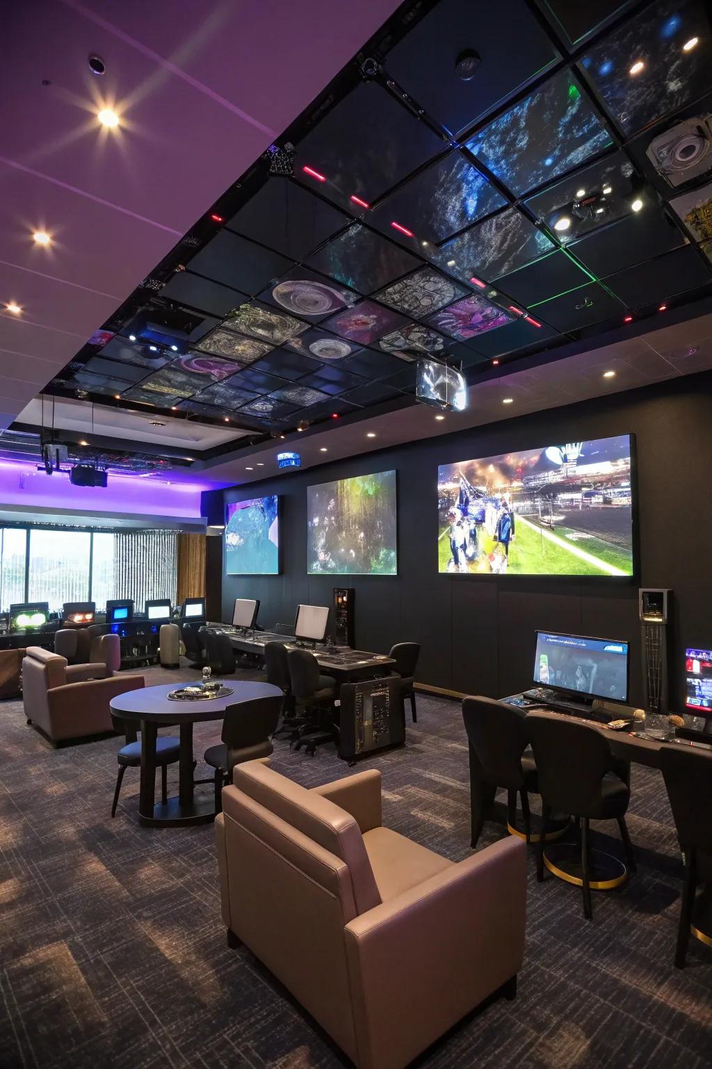 Interactive screens craft an engaging ceiling feature.