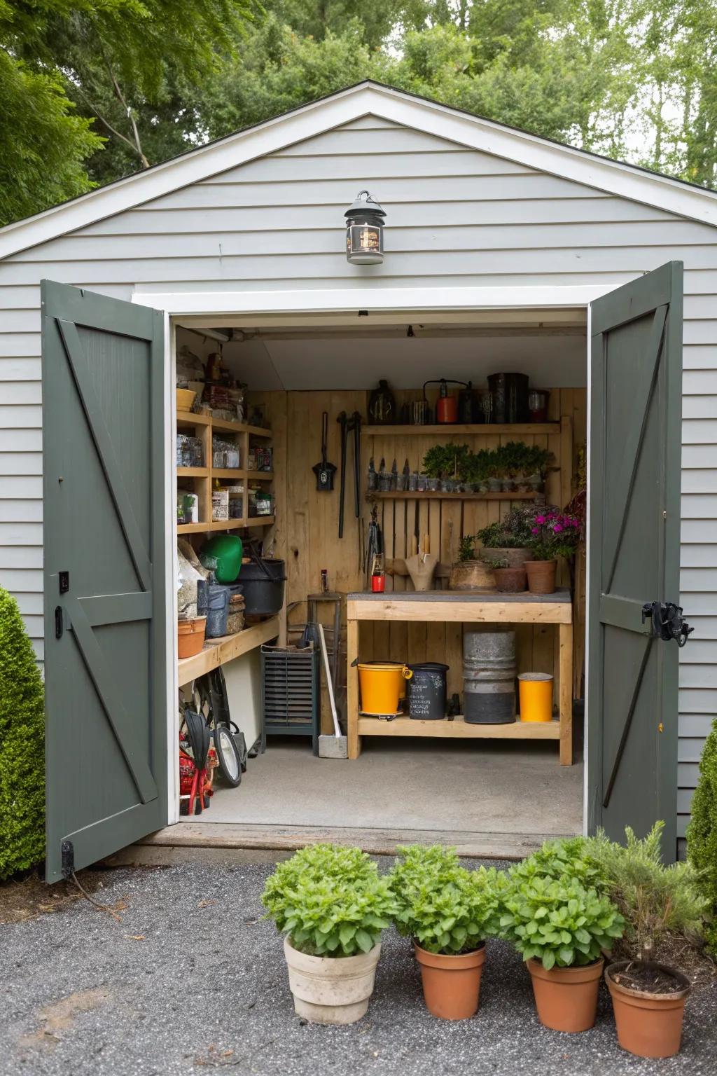 A garage and garden shed that serve multiple purposes.