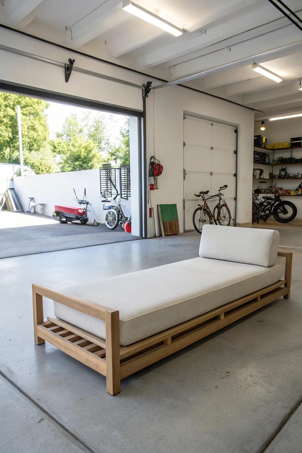 A minimalist daybed furnishes a streamlined and serene addition to any garage.