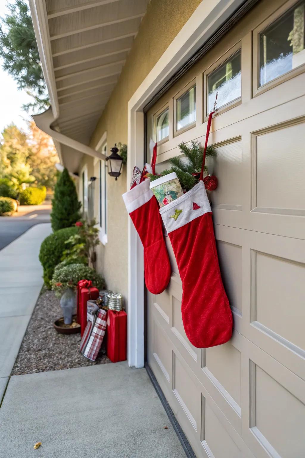 Garage door with large stockings suspended from the top.