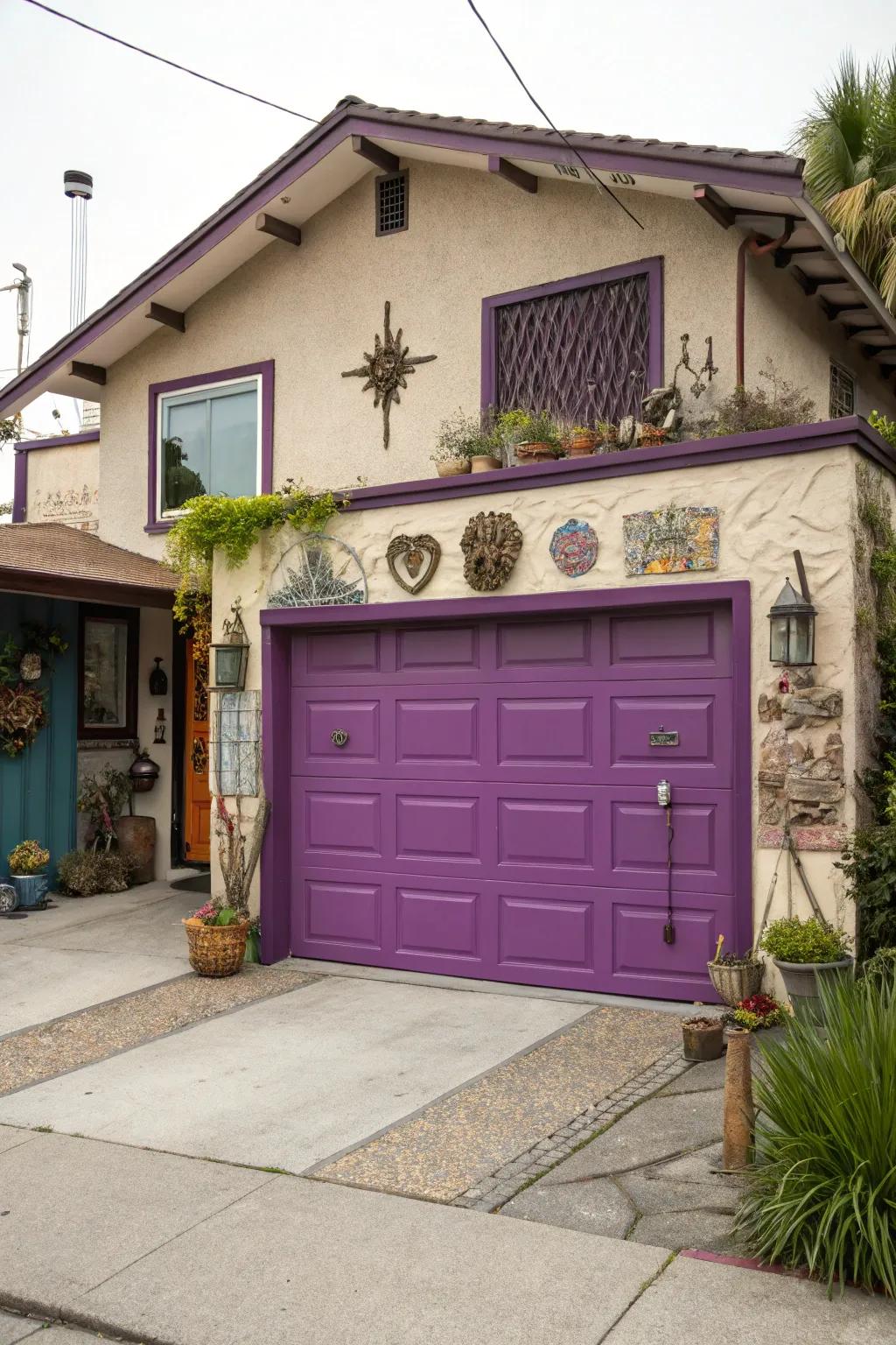 Unconventional violet garage entrances provide a playful and creative touch.