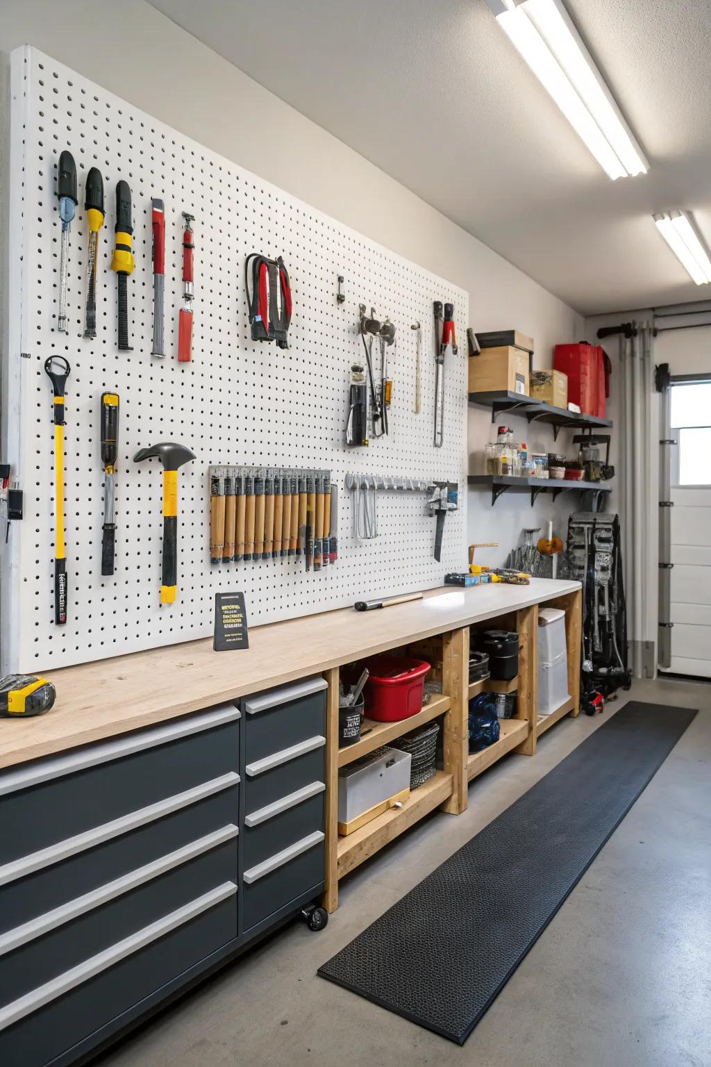 A pegboard system ensures tools are well-organized and accessible.