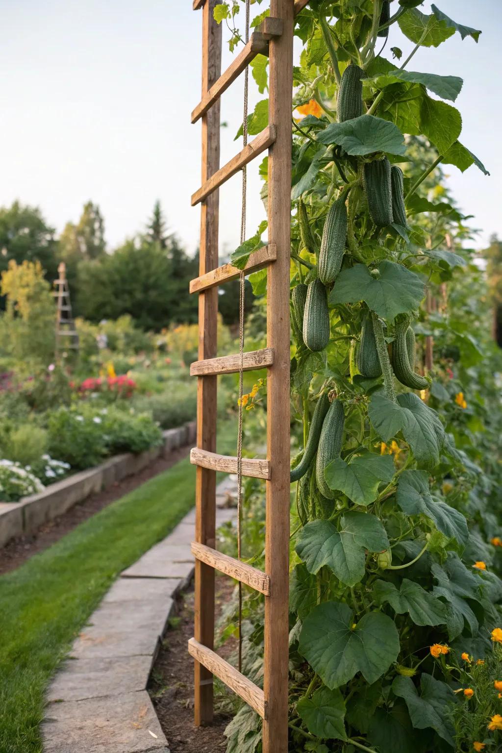 A vertical garden presenting cucumbers flourishing on a stand.