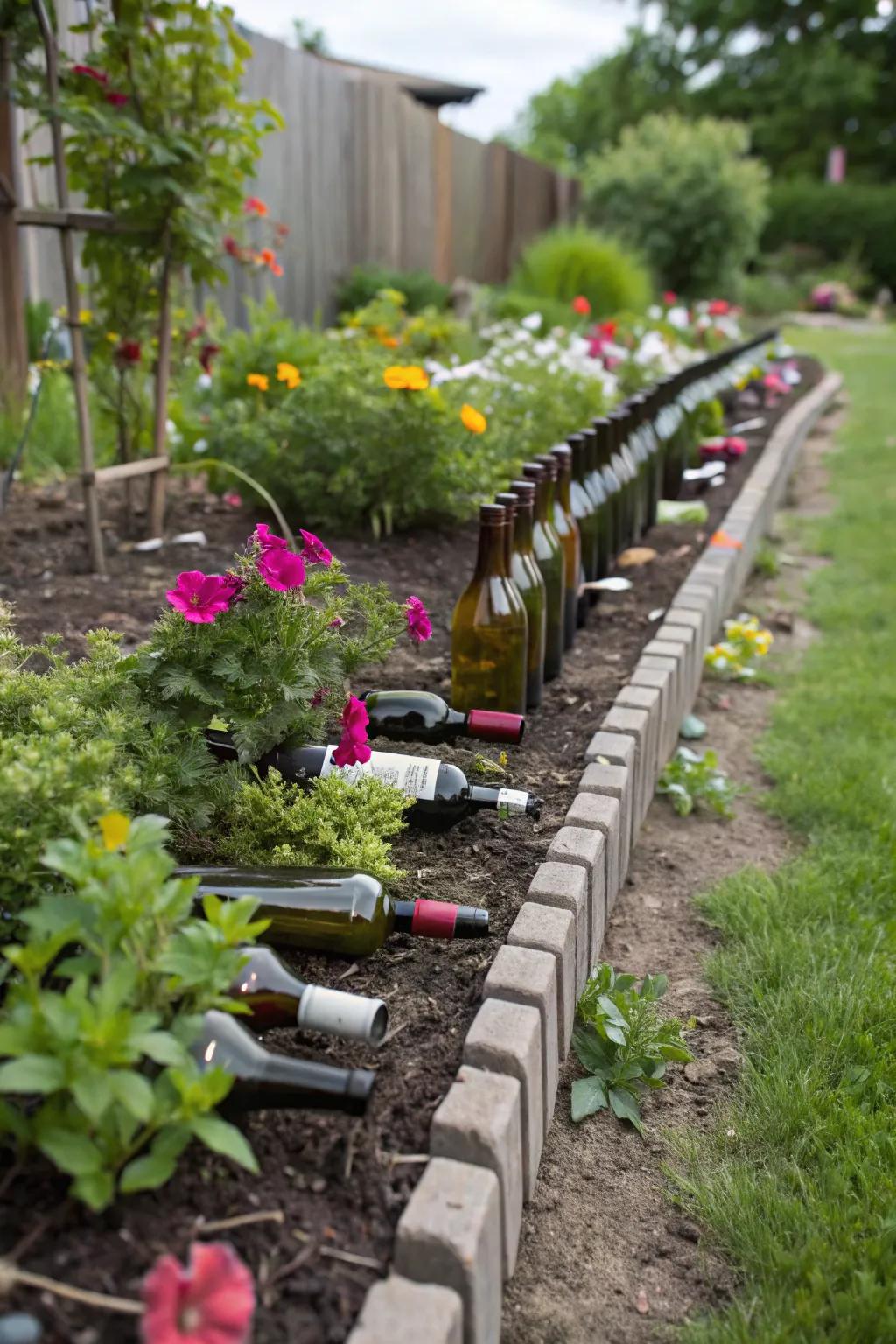 Bottles add a splash of color and creativity to garden borders.