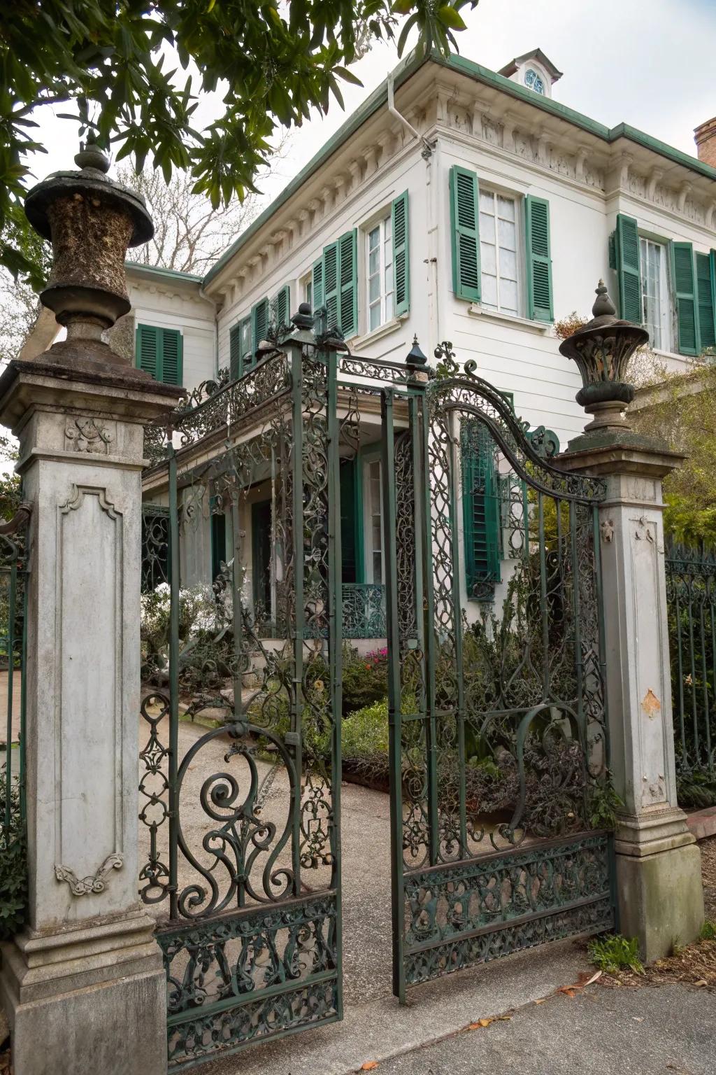 Vintage-style gate amplifying classic architecture's allure.