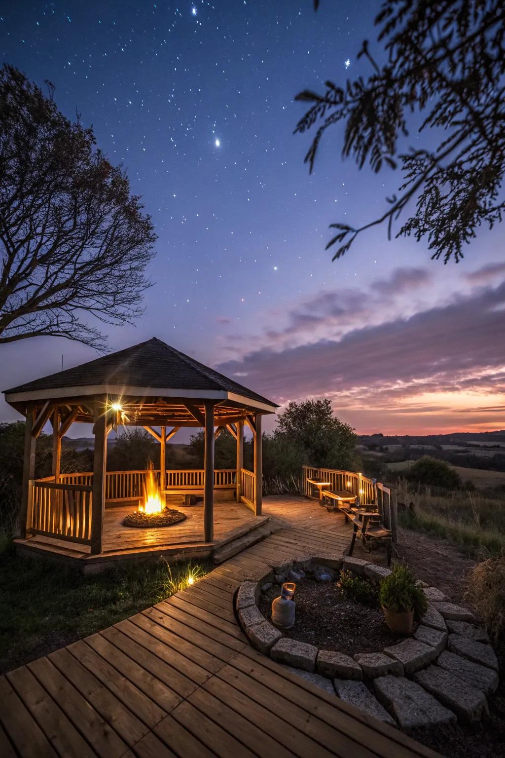 A fire pit creates a warm, inviting atmosphere in your gazebo.