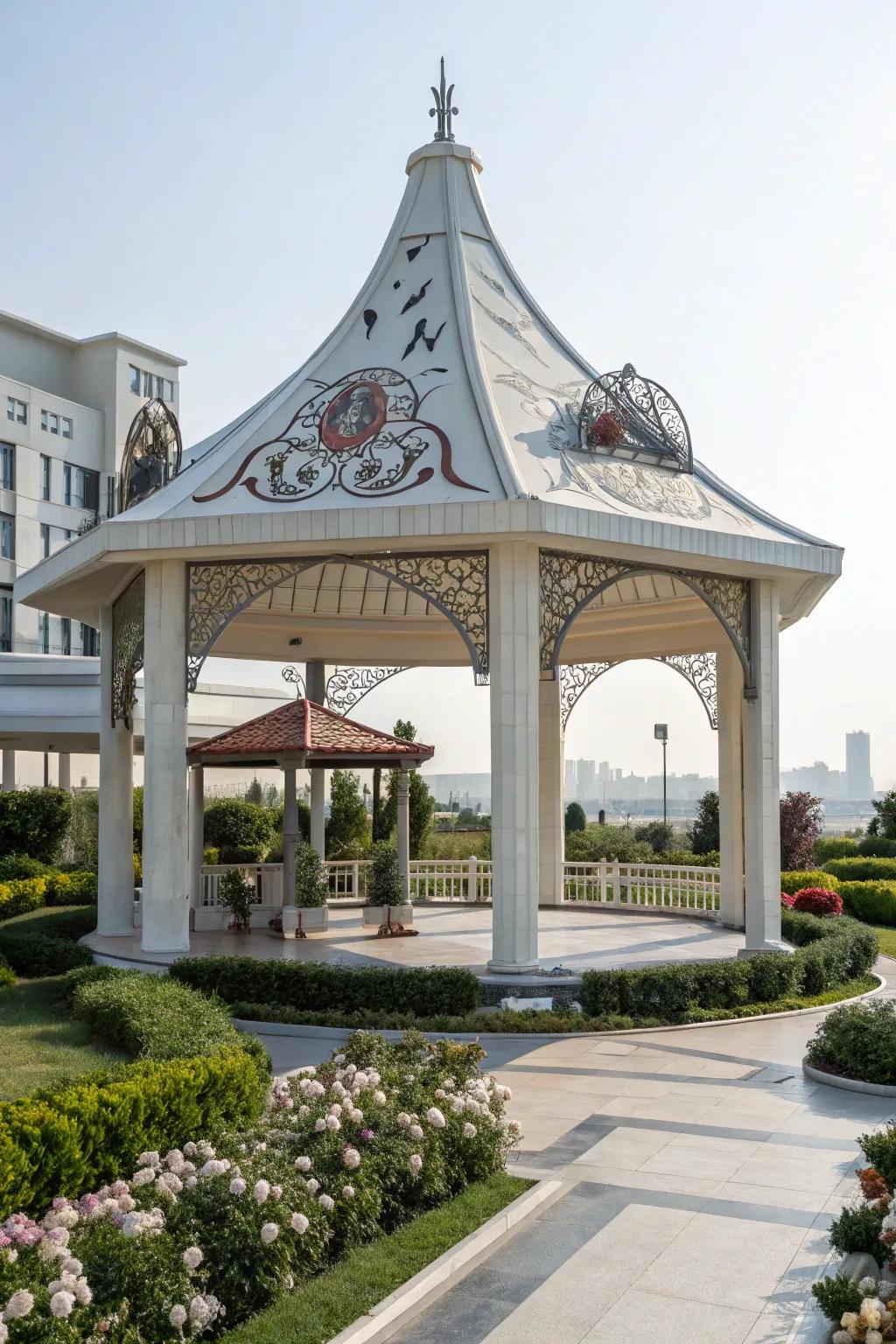 A gazebo with a sculptural roof, serving as an artistic centerpiece.