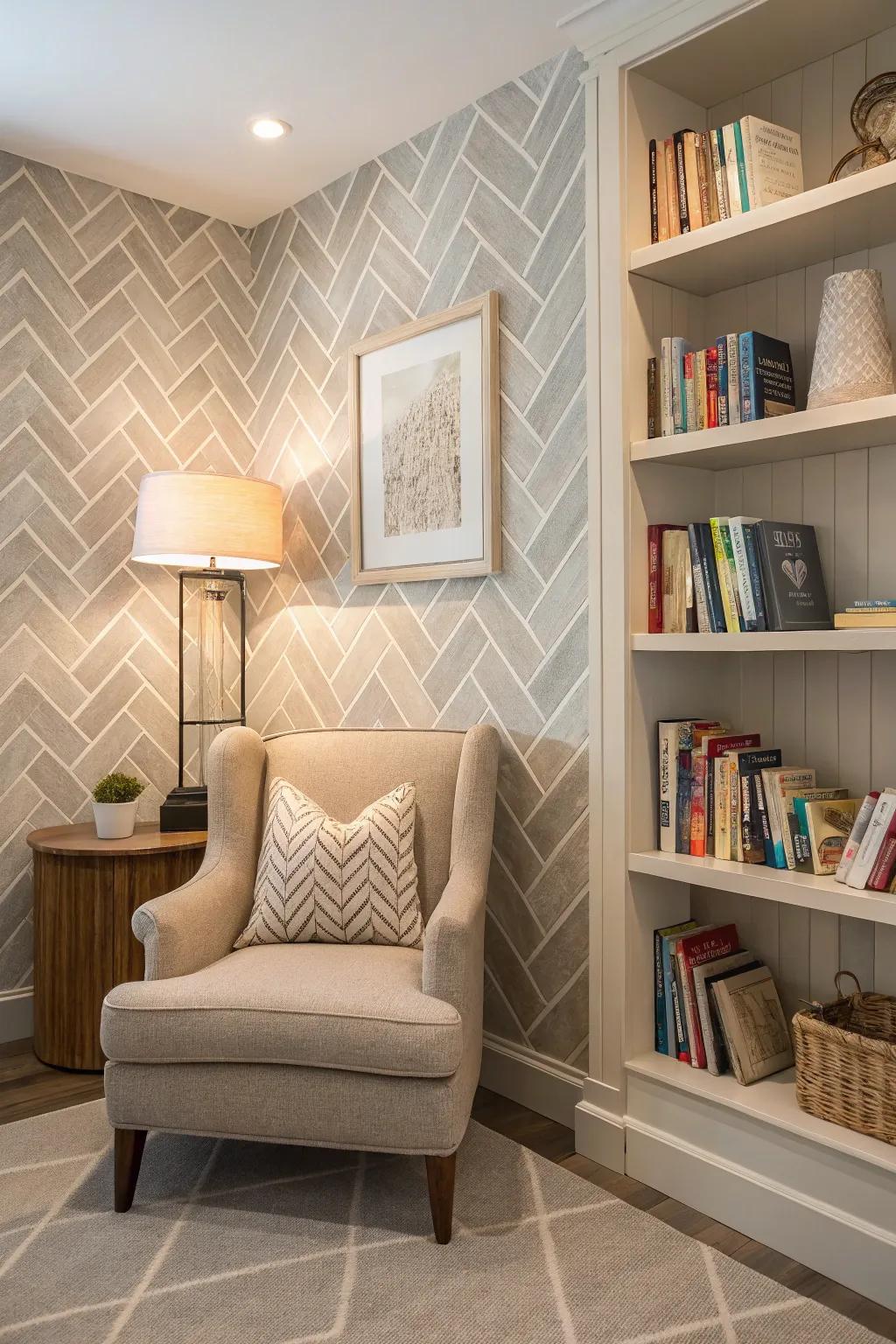 Impart texture and dimension through herringbone designs.
