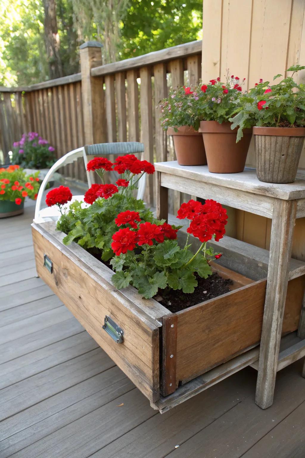 A creative rendition of a repurposed drawer serving as an endearing planter for vibrant sunbeam blooms.