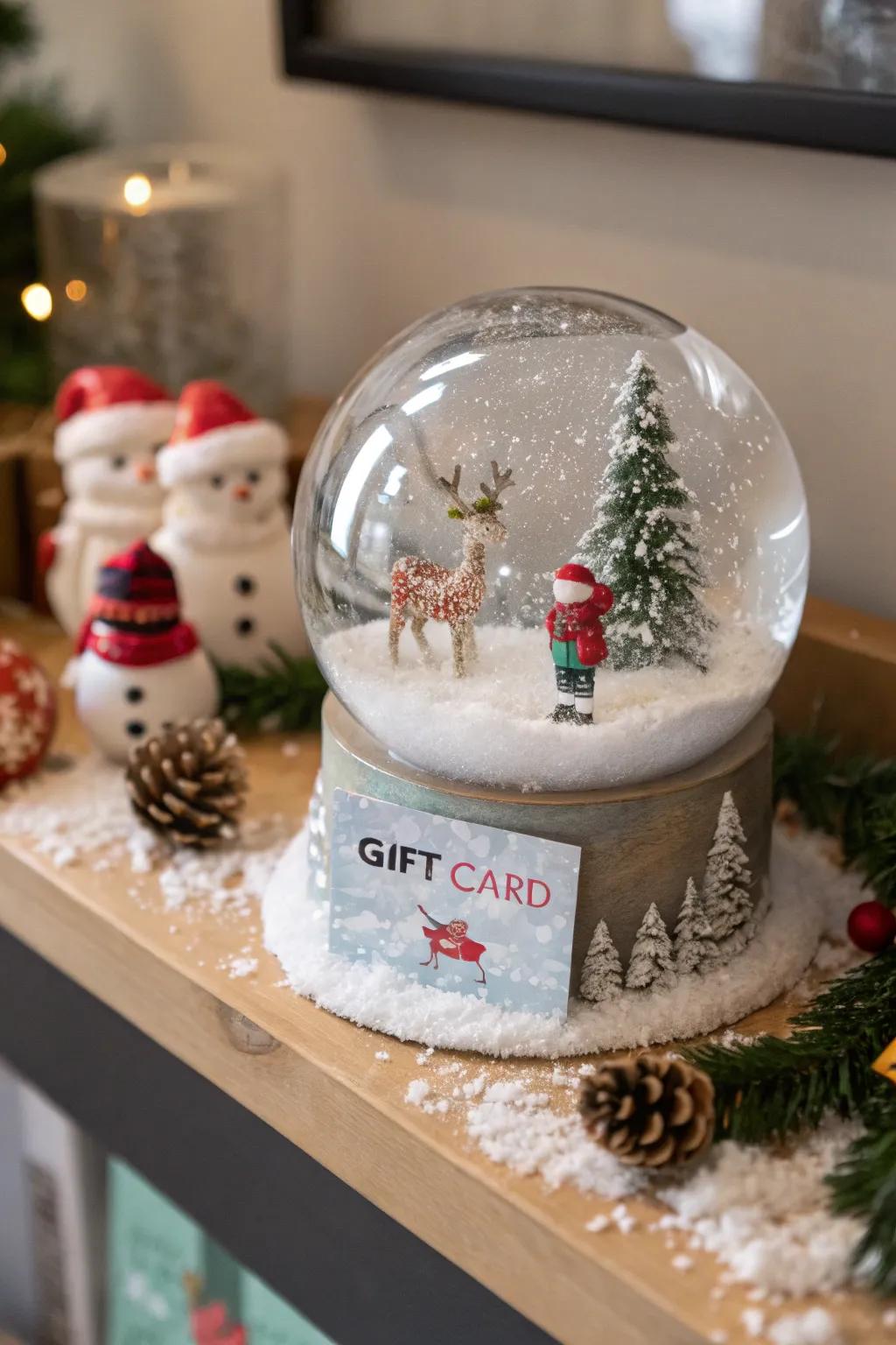 Gift cards gain a magical charm inside a snow globe.