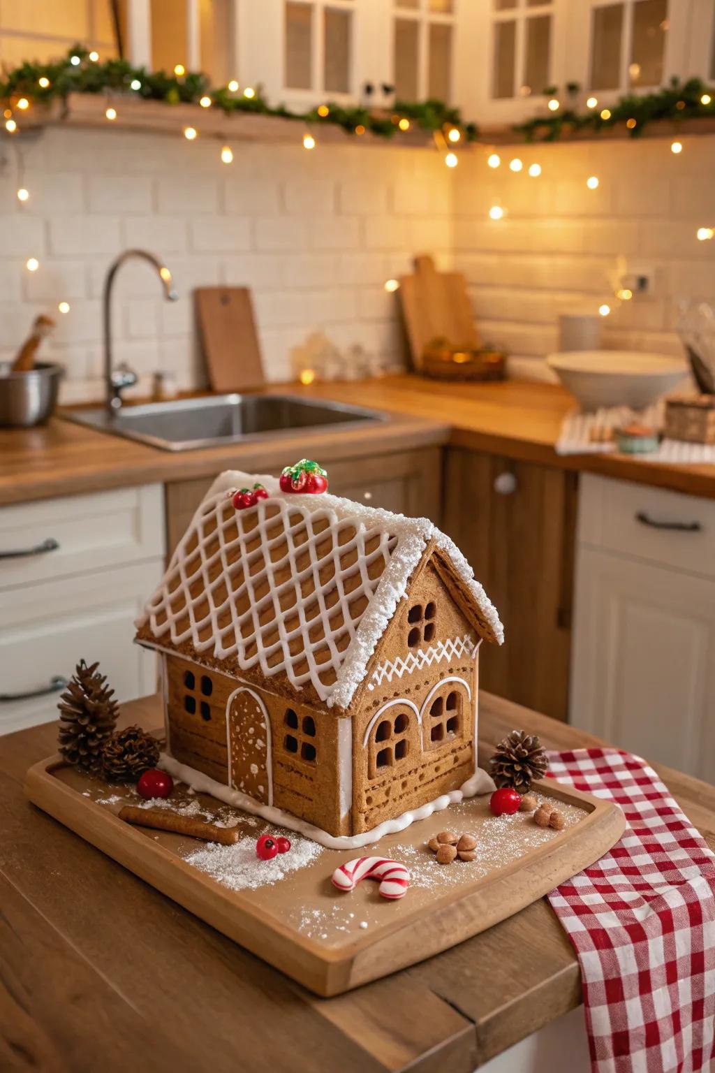 A gingerbread dwelling rooftop featuring honeycomb treat tiles.