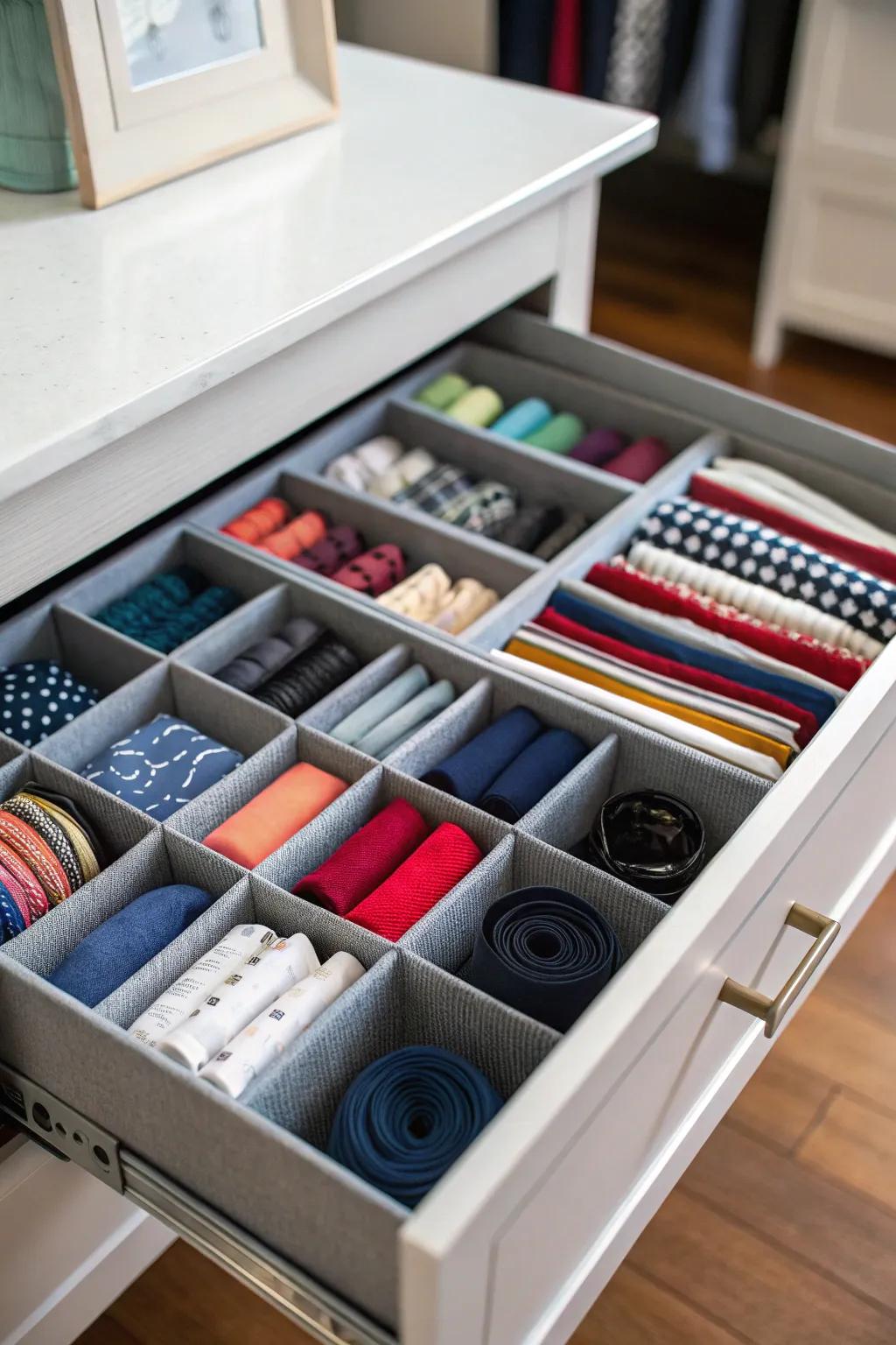 Drawer dividers maintain small items in perfect order.