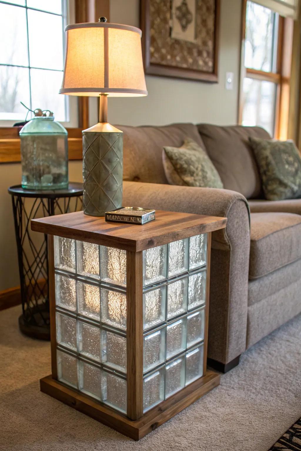 A modern side table showcasing a glass tile platform.