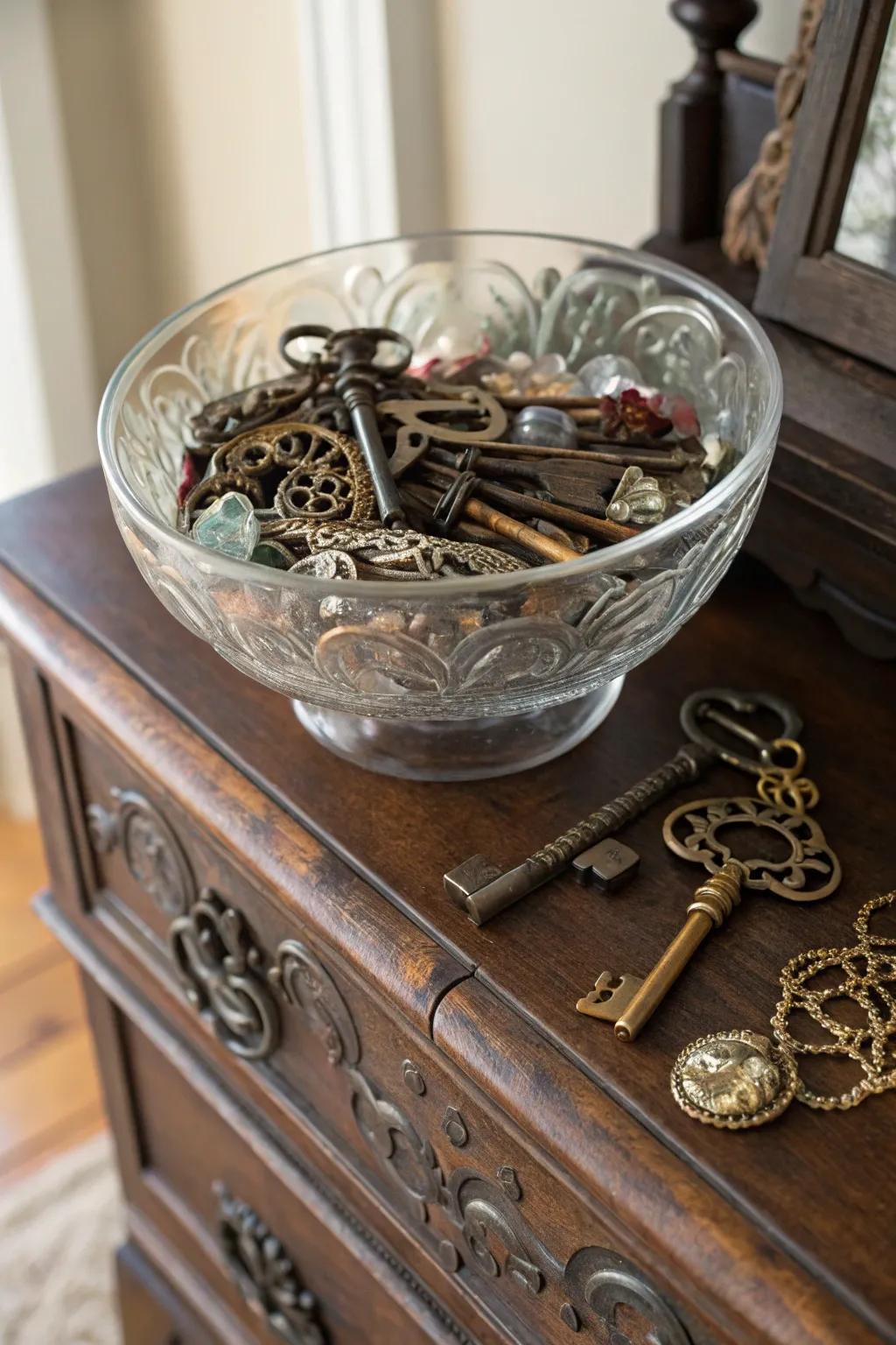 Nostalgic allure highlighted through keys and curios encased in a clear bowl.
