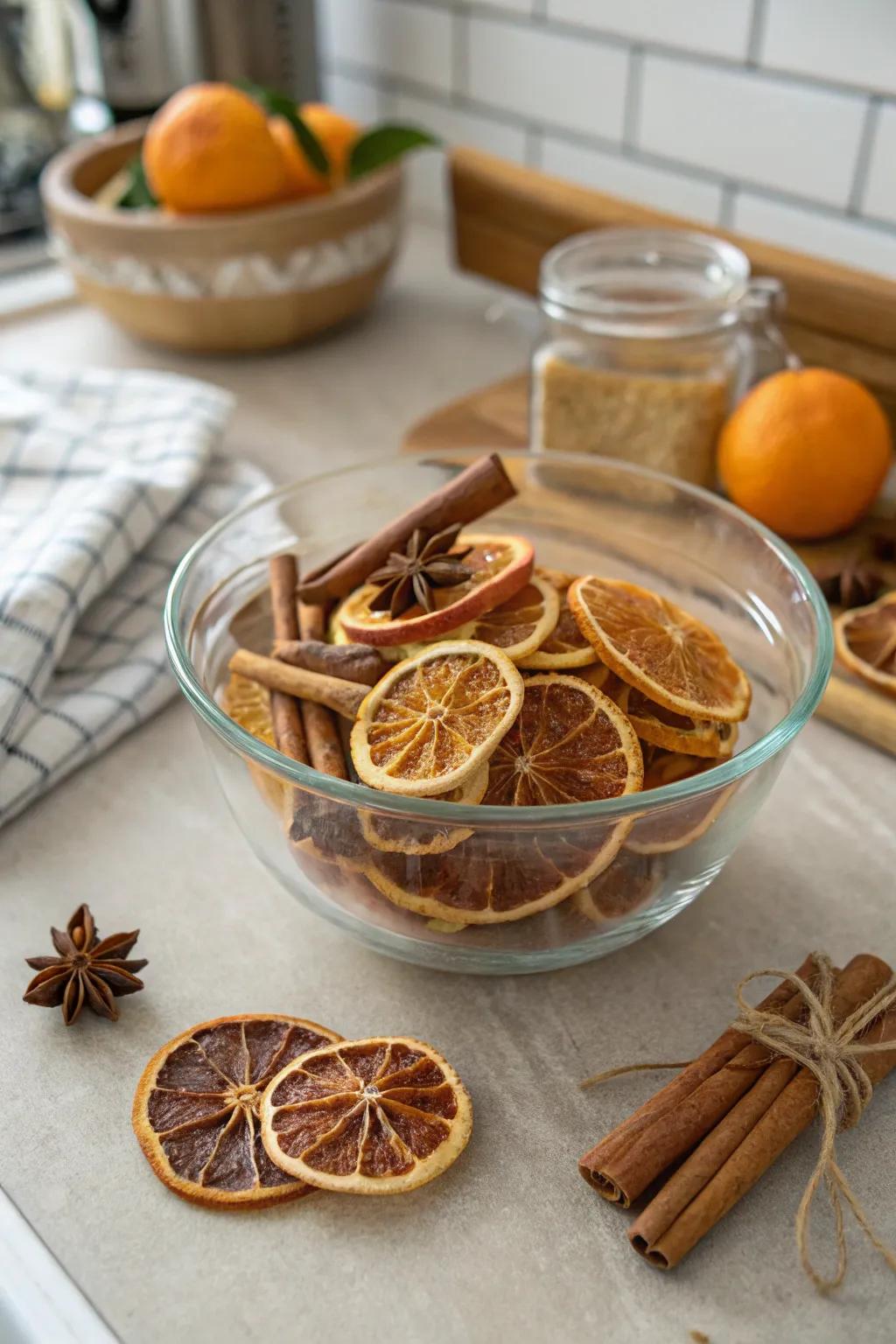 A fragrant citrus and spice delight in a glass bowl.