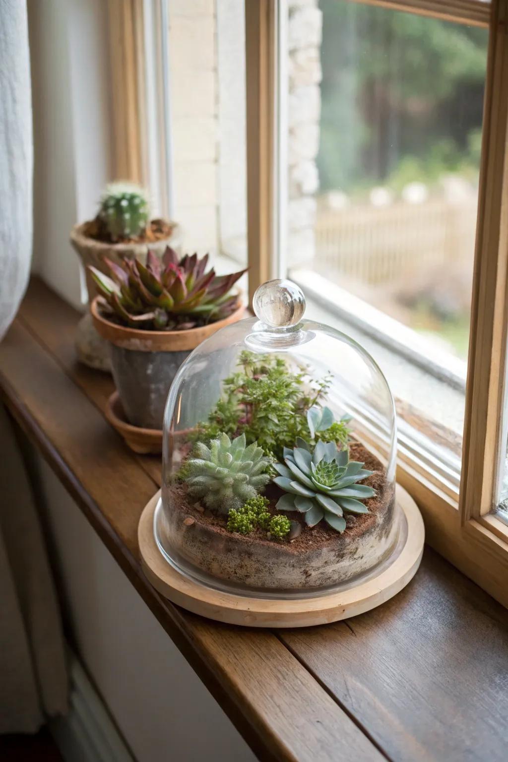 Fleshy plants underneath a glass cover contribute greenery to a vibrant area.