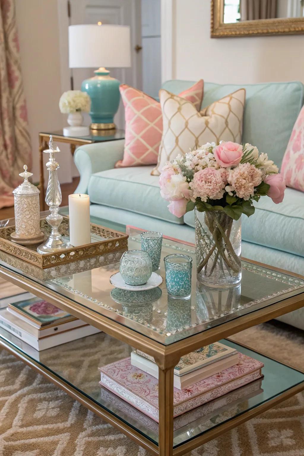 The room is tied together with coordinated colors in your coffee table decor.