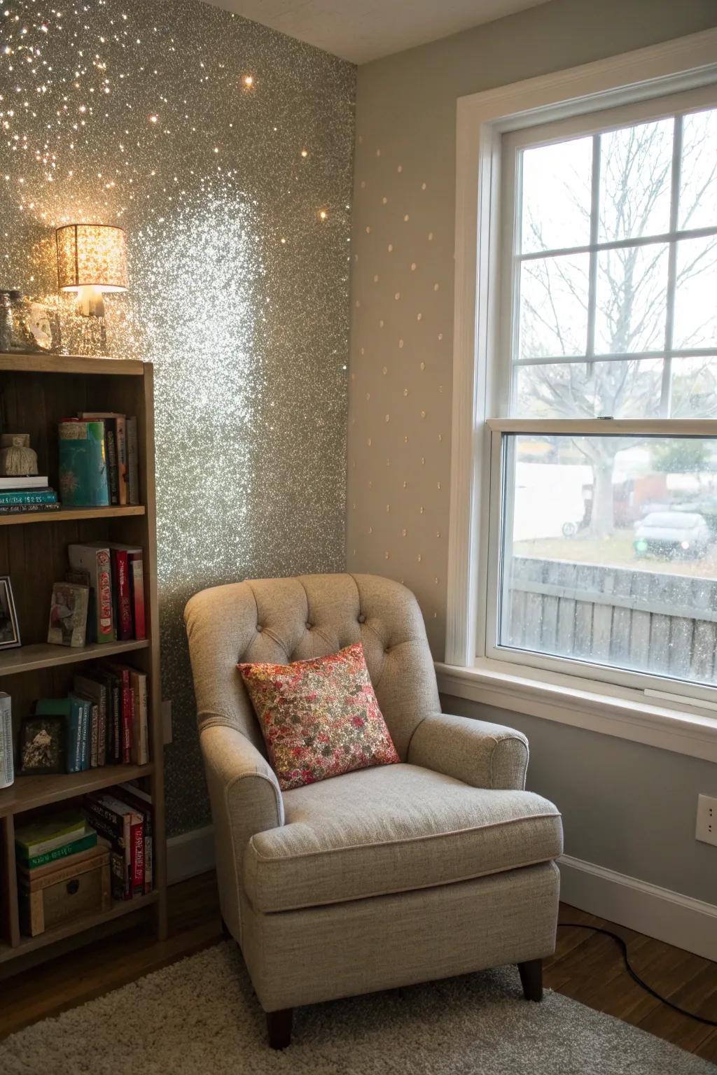 A shimmering feature wall adds charm to a reading corner.