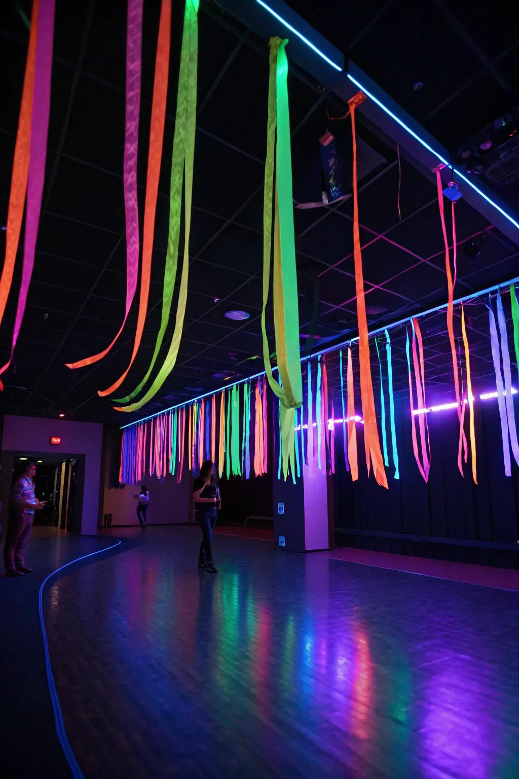 Elevate your decor with a ceiling of neon streamers.