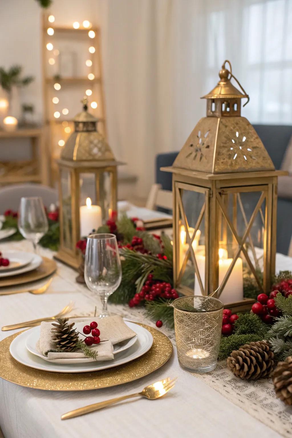 Adaptable and joyous gold lamps including seasonal embellishments.