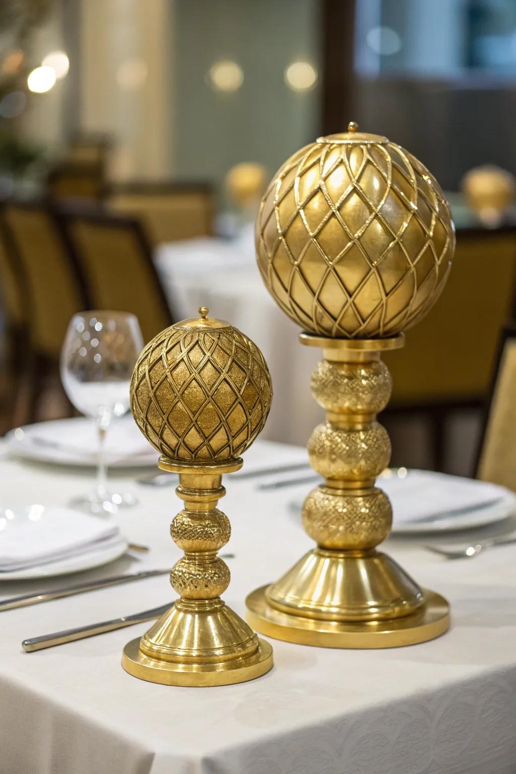 Artistic gold spherical structures making a bold statement.