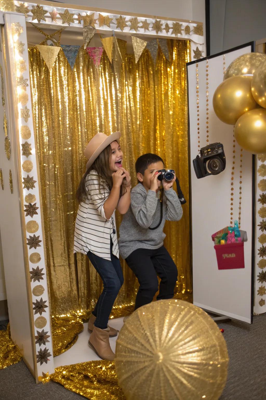 Capture memories with a playful golden photo booth.
